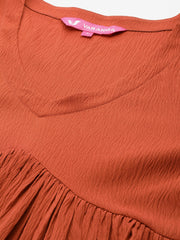 Varanga Women Rust V-Neck, Bishop Sleeves, Gathered Details  Calf Length A-Line Dress, Flared Hem