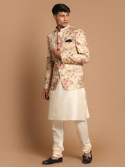 Men's Cream And Brown Viscose Jacket, Kurta and Pyjama Set