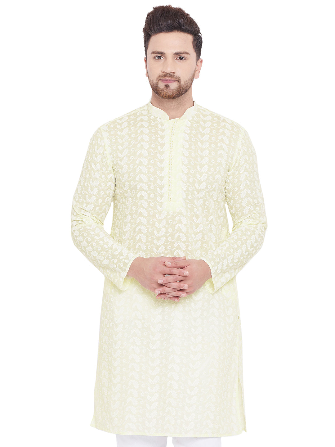 Men's Yellow and White Cotton Kurta