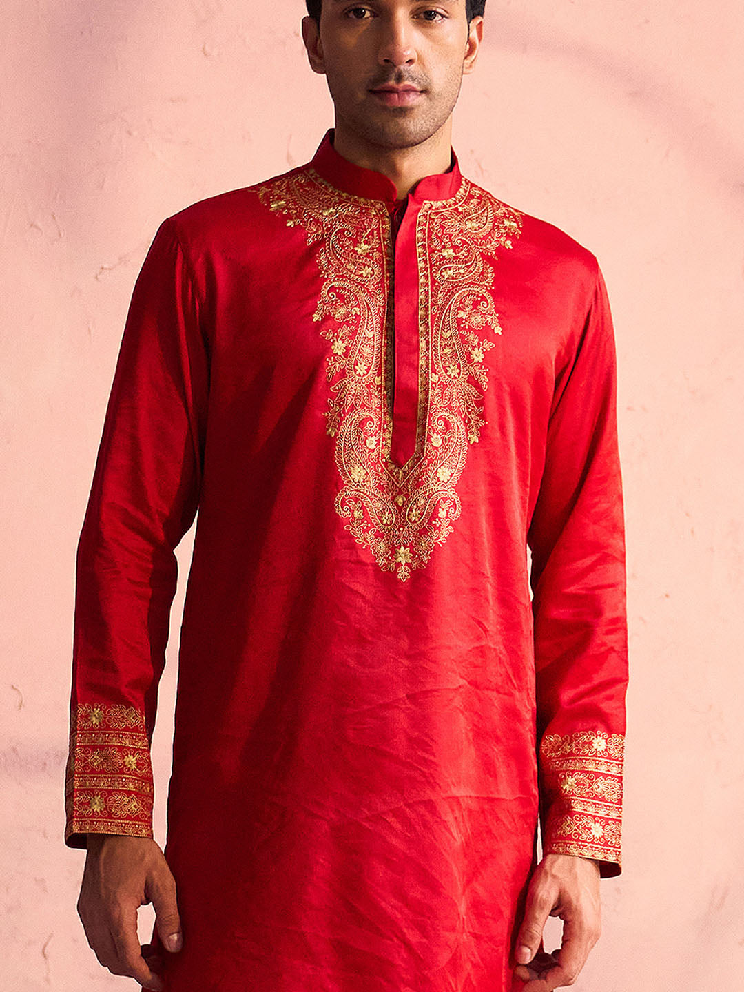 Men's Red And Cream Moonga Silk Kurta Pyjama Set