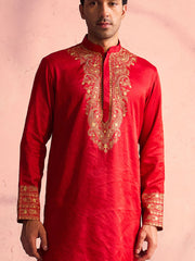 Men's Red And Cream Moonga Silk Kurta Pyjama Set