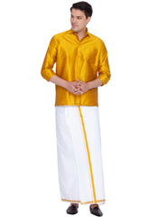 Men's Mustard and White Silk Blend Shirt And Mundu