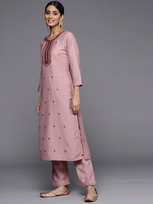 mauve embroidered kurta paired with straight bottom and embroidered dupatta