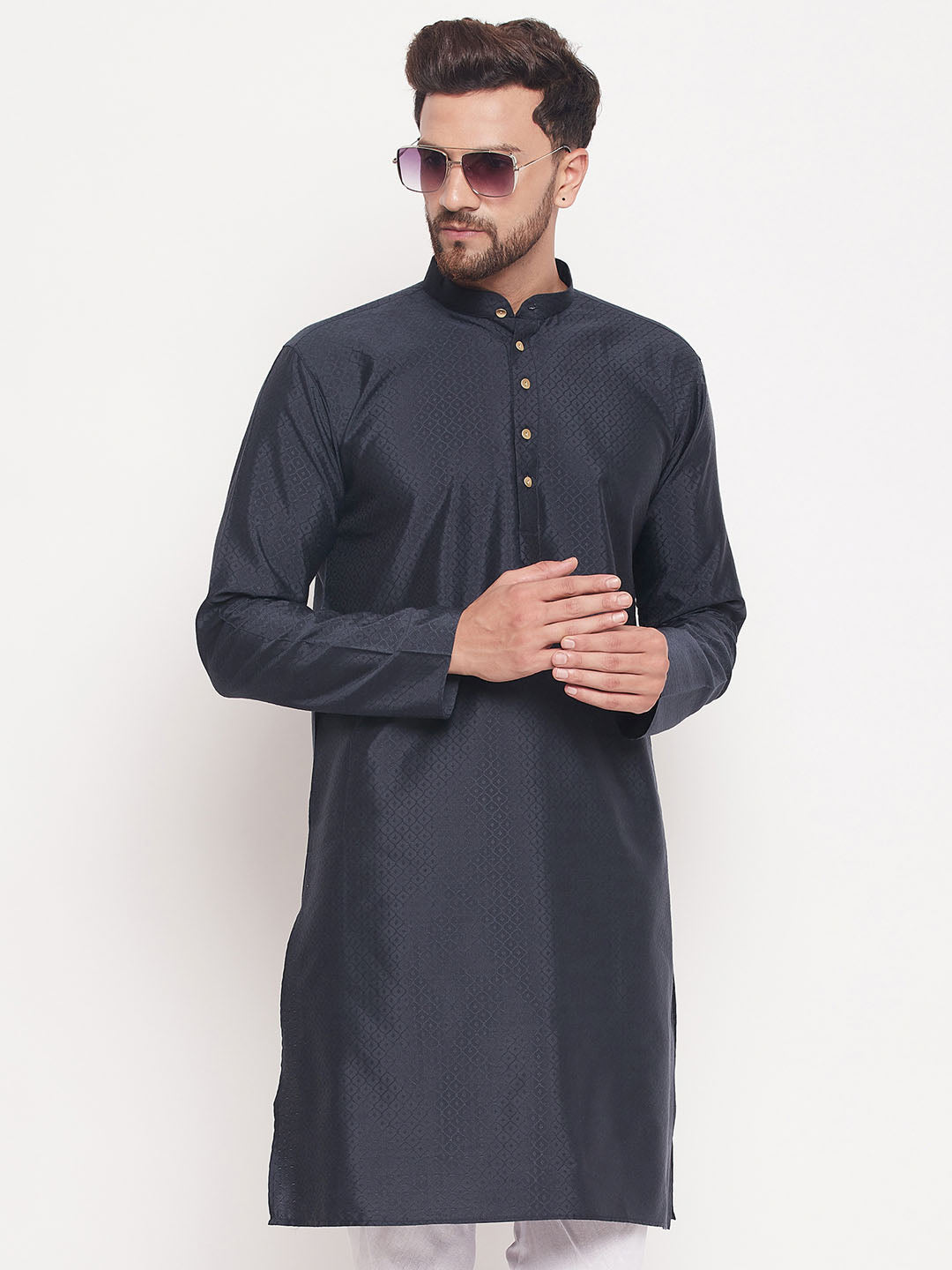 Men Navy Blue Silk Blend Kurta