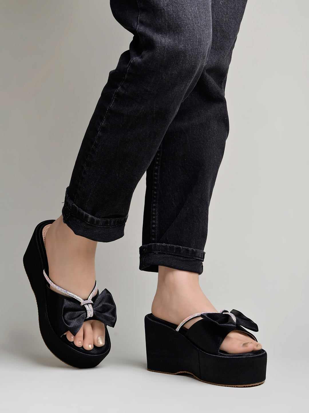 Shoetopia Embellished Black Platfrom Heels For Women & Girls