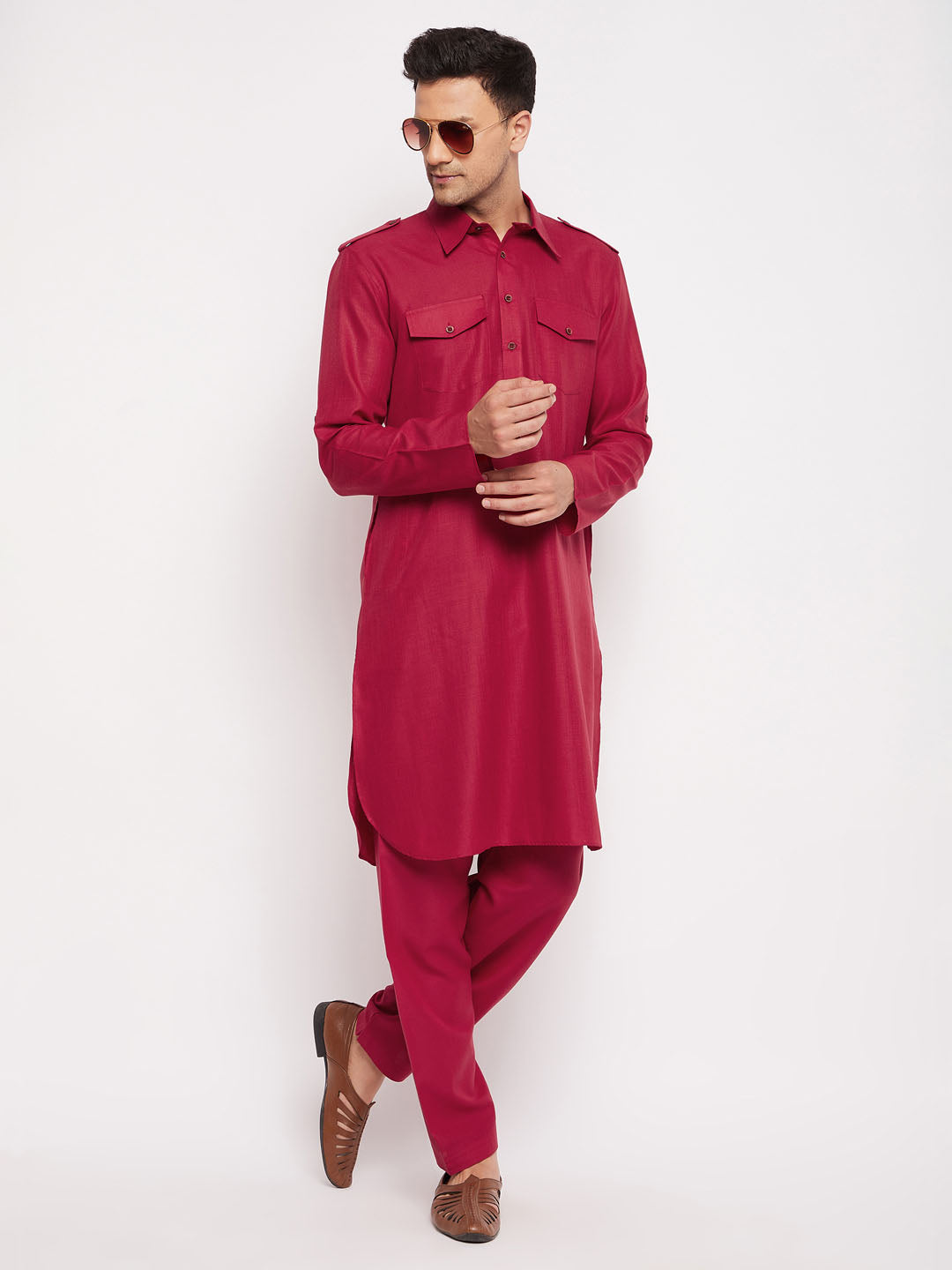 Men's Maroon Cotton Blend Pathani Kurta Set