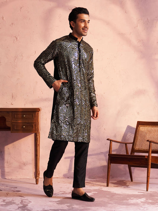 Men's Black Georgette Kurta Pyjama Set