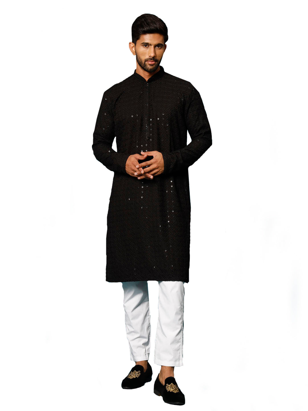 Men's Black And White Rayon Cotton Kurta Pyjama Set