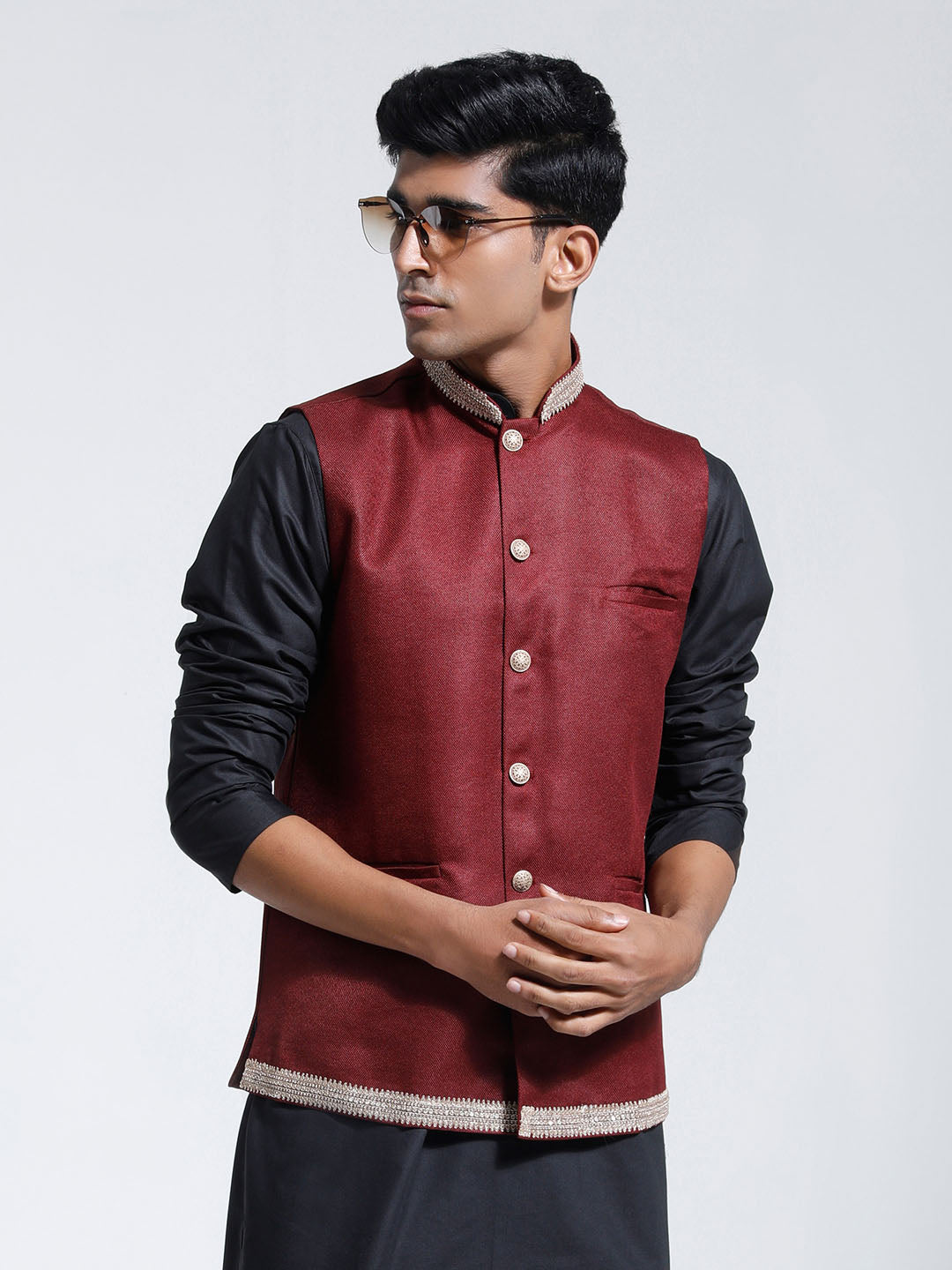 Men's Maroon Jute Nehru Jacket