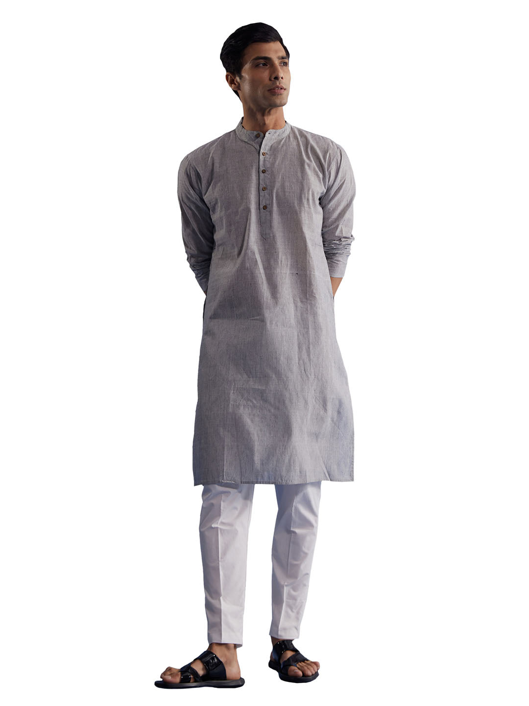 Men's Grey And White Pure Cotton Kurta Pyjama Set