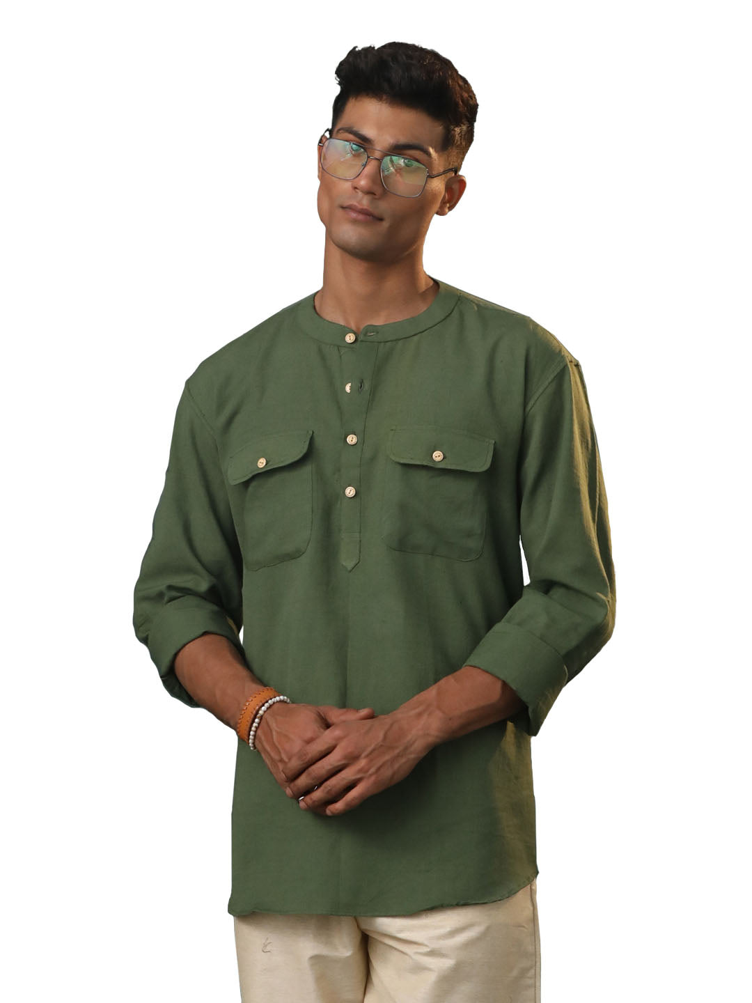 Men's Mehandi Cotton Short Kurta