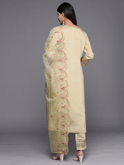 Women Beige Embroidered Kurta  Paired With  Tonal Bottom And Organza Dupatta