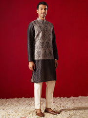 Men's Black Cotton Silk Jacket, Kurta, Pyjama and Dupatta Set