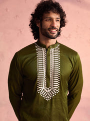 Men's Mehendi Green And Cream Moonga Silk Kurta Pyjama Set