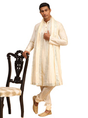 Men's Cream Viscose Kurta, Pyjama & Dupatta Set