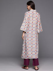 Women Off White Ikat Printed Shirt Collar Straight Kurta  Paired With Violet Solid Bottom.