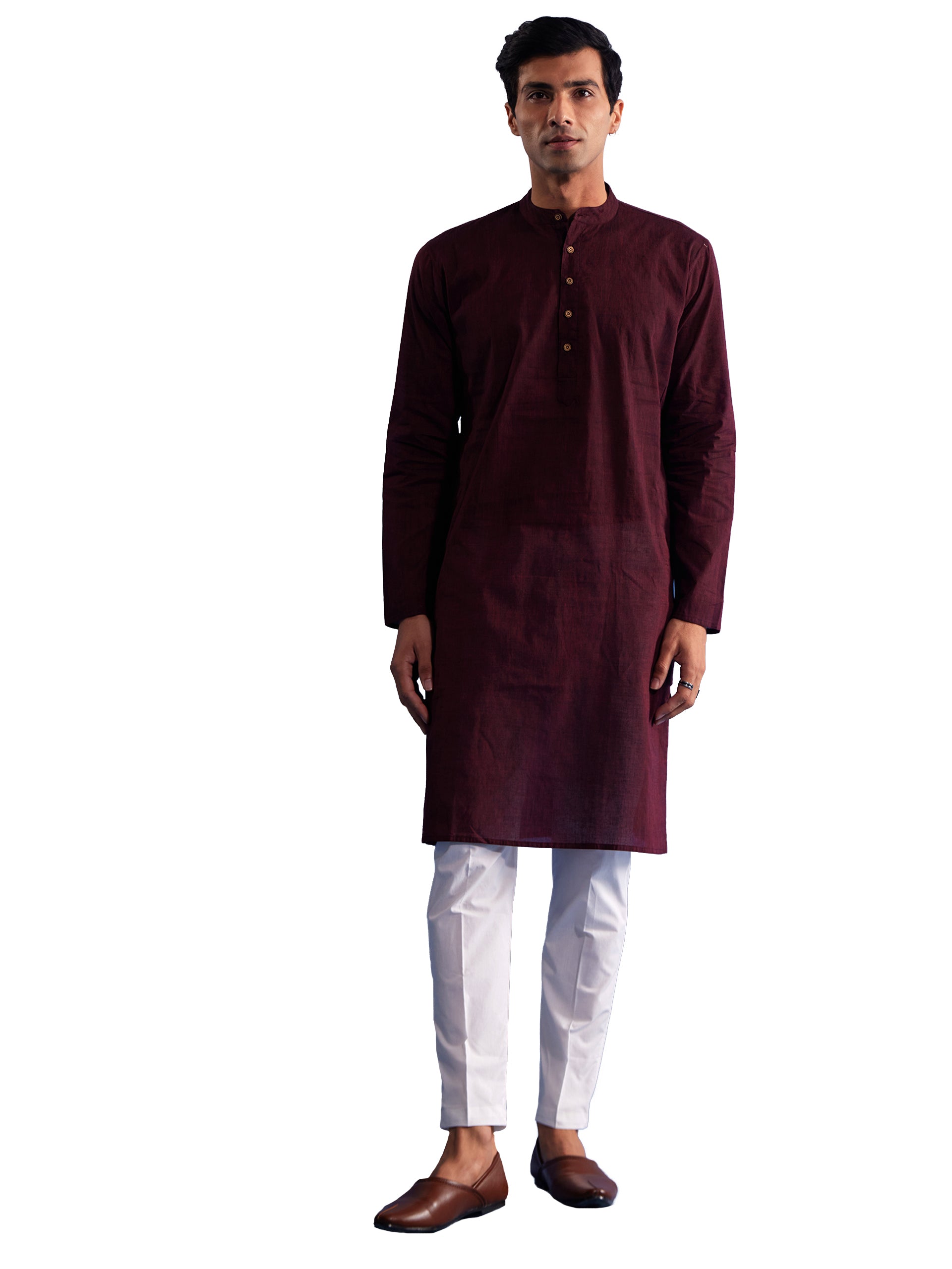 Men's Maroon And White Pure Cotton Kurta Pyjama Set