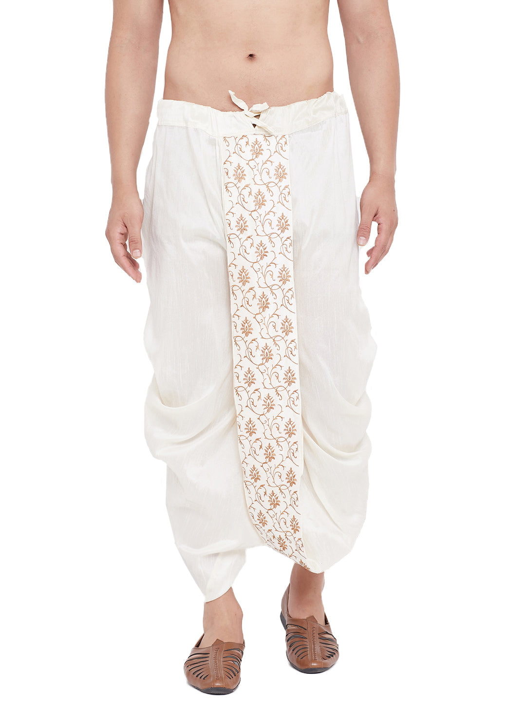 Men's Cream Silk Blend Embroidered Dhoti