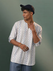 Men's Multicolor Base White Cotton Short Kurta