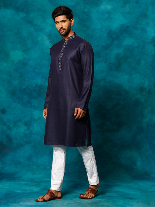 Men's Navy And White Cotton Blend Kurta Pyjama Set