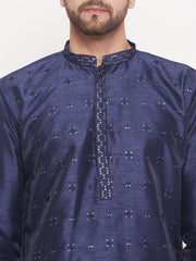 Men Navy Blue Silk Blend Kurta