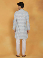 Men's Aqua And White Cotton Blend Kurta And Pyjama Set