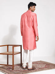 Men's Pink And Cream Silk Blend Kurta Pyjama Set