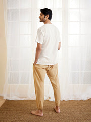 Men's White And Beige Cotton Kurta Pyjama Set