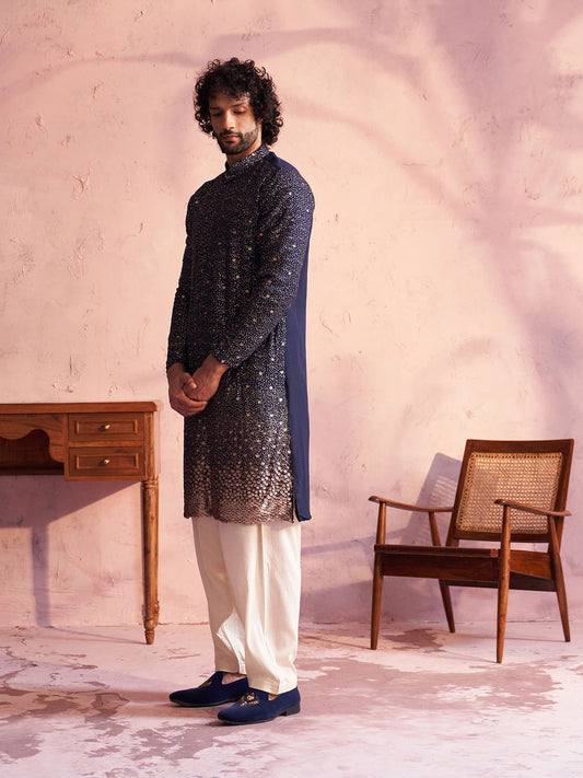 Men's Navy blue And Cream Georgette Kurta and Patiala Set