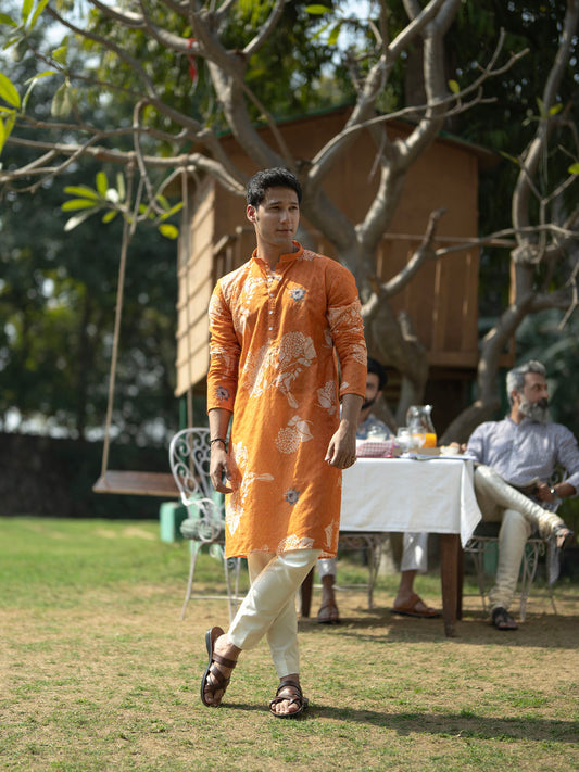 Men's Mustard Cotton Blend Kurta Pyjama Set