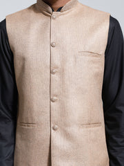 Men's Beige And Black Cotton Silk Jacket, Kurta and Pyjama Set