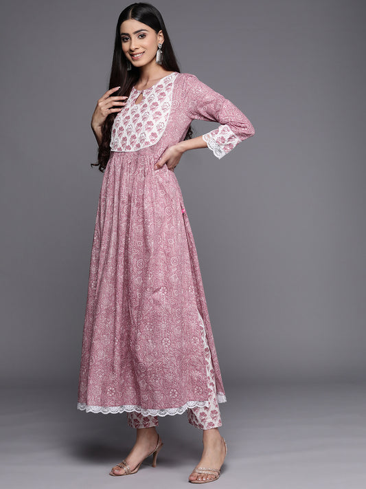 Kalini Women Mauve Printed A-Line Kurta Paired With Contrast Printed Bottom And Dupatta