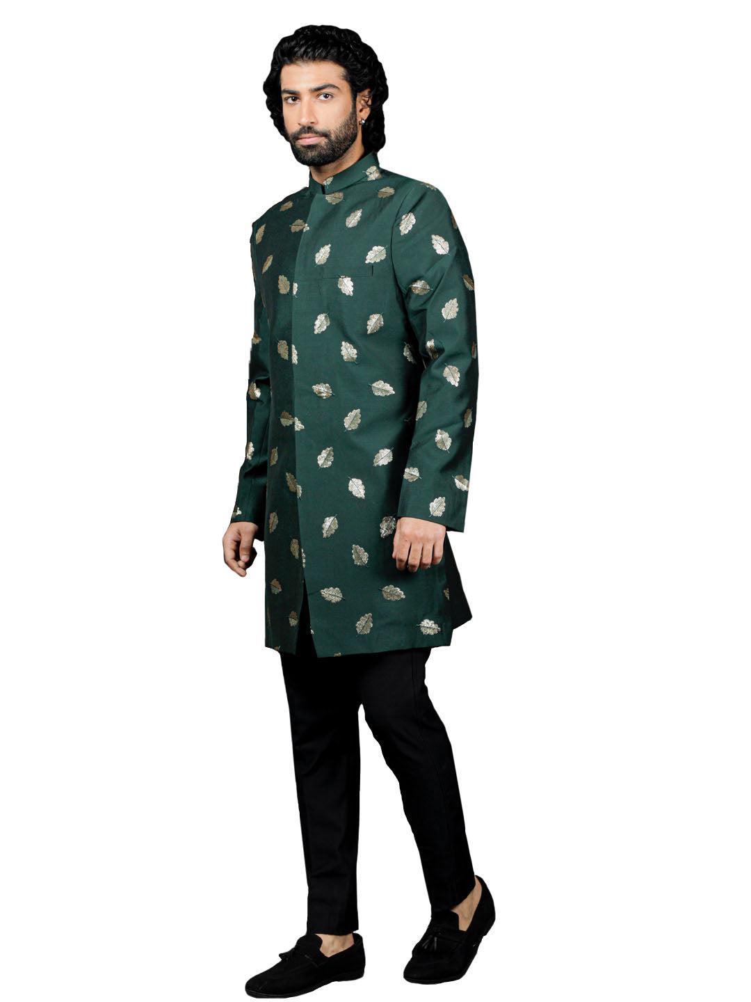 Men's Green And Black Viscose Sherwani Set