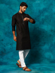 Men's Black And White Cotton Blend Kurta Pyjama Set