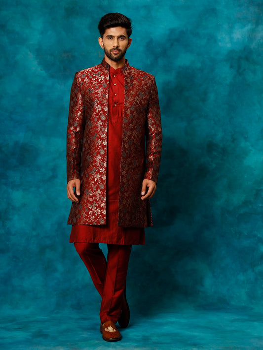 Men's Red Viscose Sherwani Set