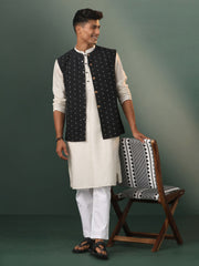 Men's Black And White Cotton Jacket, Kurta and Pyjama Set