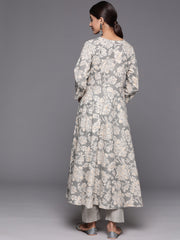 Kalini Women Grey Floral Printed Angrakha Style Anarkali Kurta Paired With Printed Bottom.