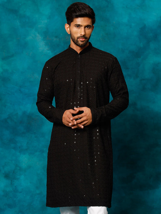 Men's Black Rayon Cotton Kurta