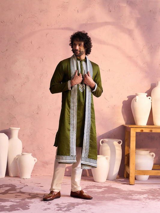 Men's Mehendi Green And Cream Moonga Silk Kurta, Pyjama & Dupatta Set