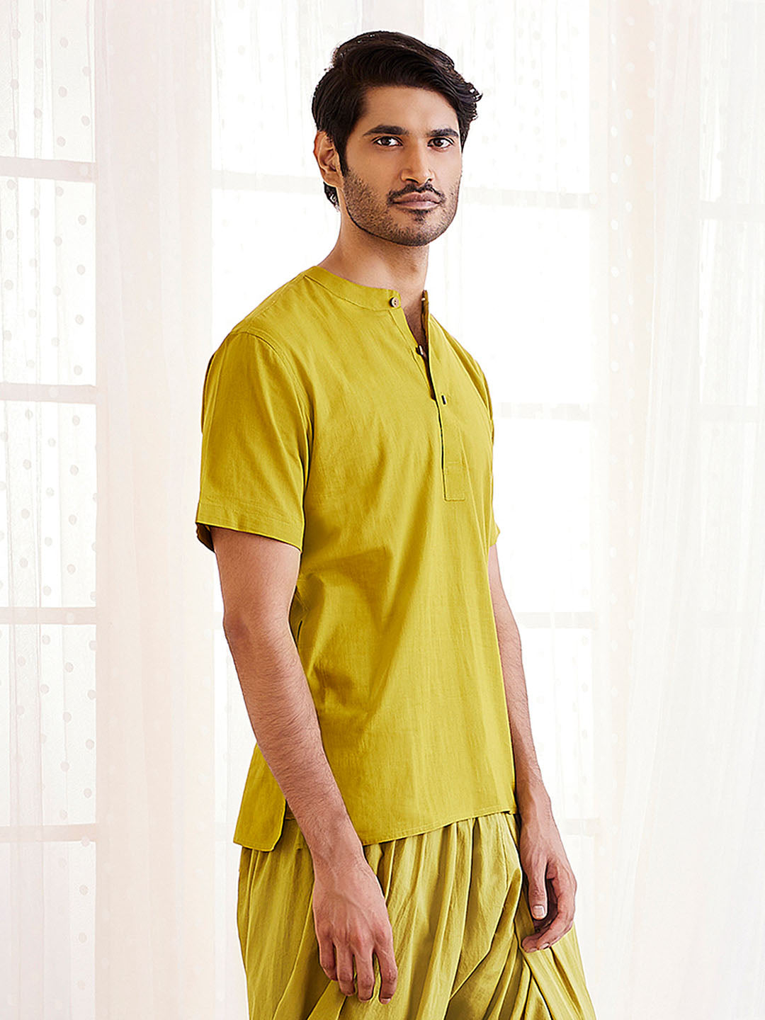 Men's Olive Green Cotton Short Kurta