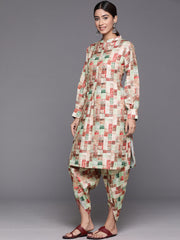 Women Beige Geometrical Printed Straight Kurta With Bishop Sleeves Paired With Tonal Printed Dhoti Style Bottom