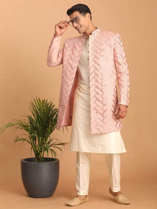 Men's Pink And Cream Silk Blend Ethnic Combo Set