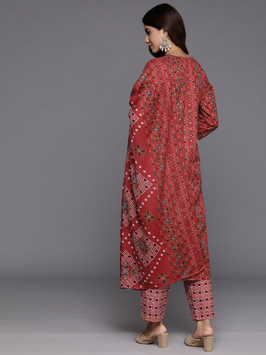 Women Red Printed  V-Neck Embroidered Kurta With Bottom And Dupatta