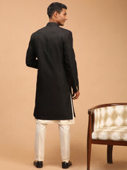 Men's Black And Cream Viscose Sherwani Set