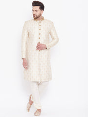 Men's Beige And Gold Silk Blend Sherwani Only Top