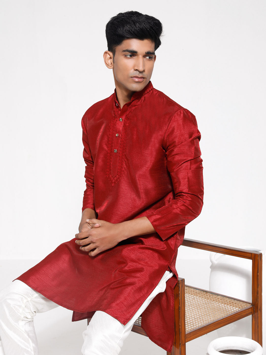 Men's Maroon And Cream Dupion Silk Kurta Pyjama Set