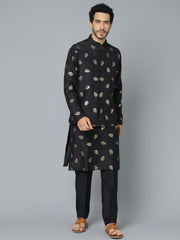 Men's Black Cotton Blend Jacket, Kurta and Pyjama Set