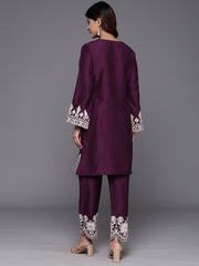 Women Violet Embroidered Short Straight Tunic With Embroidered Bottom