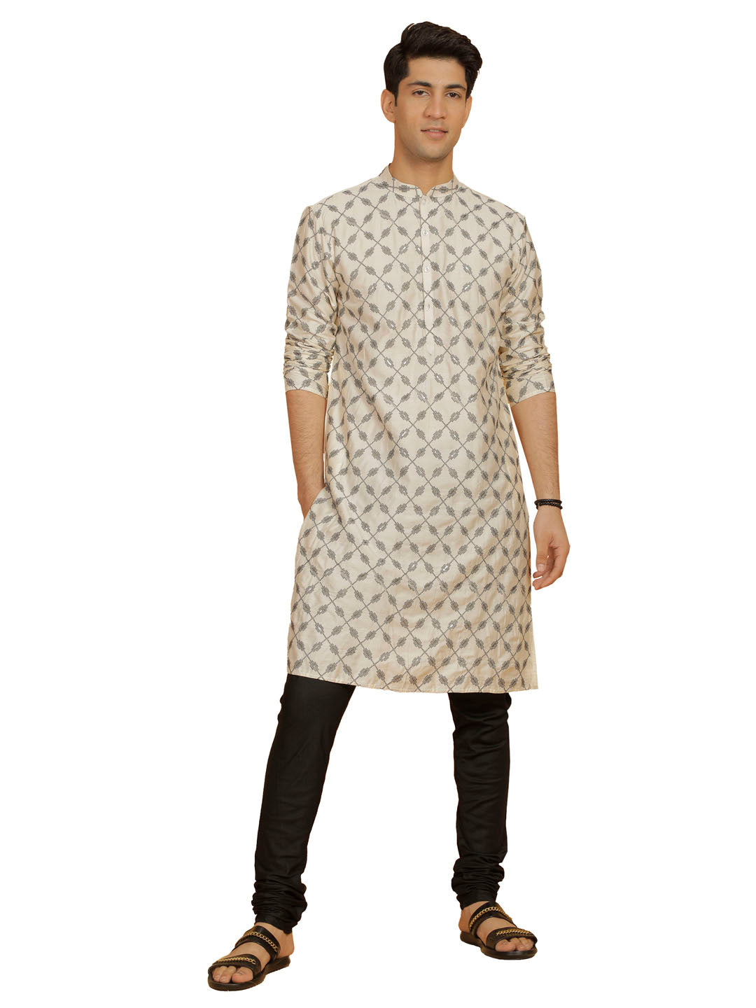 Men's Cream And Black Cotton Blend Kurta And Pyjama Set