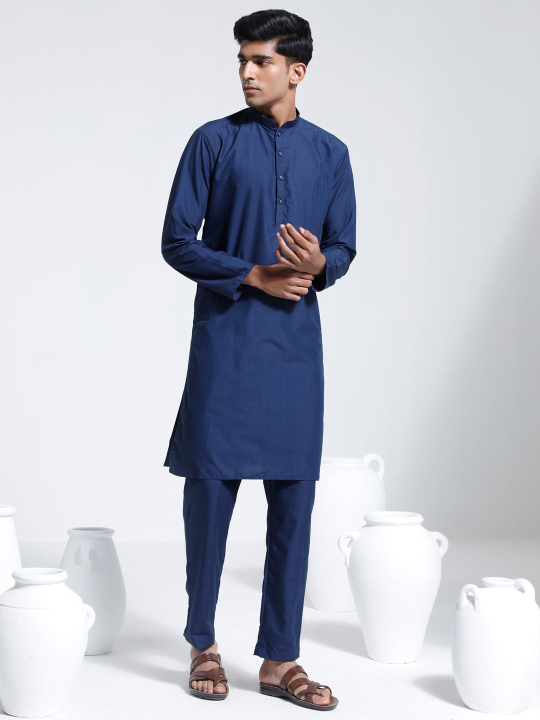 Men's Navy Blue Cotton Silk Kurta And Pyjama Set